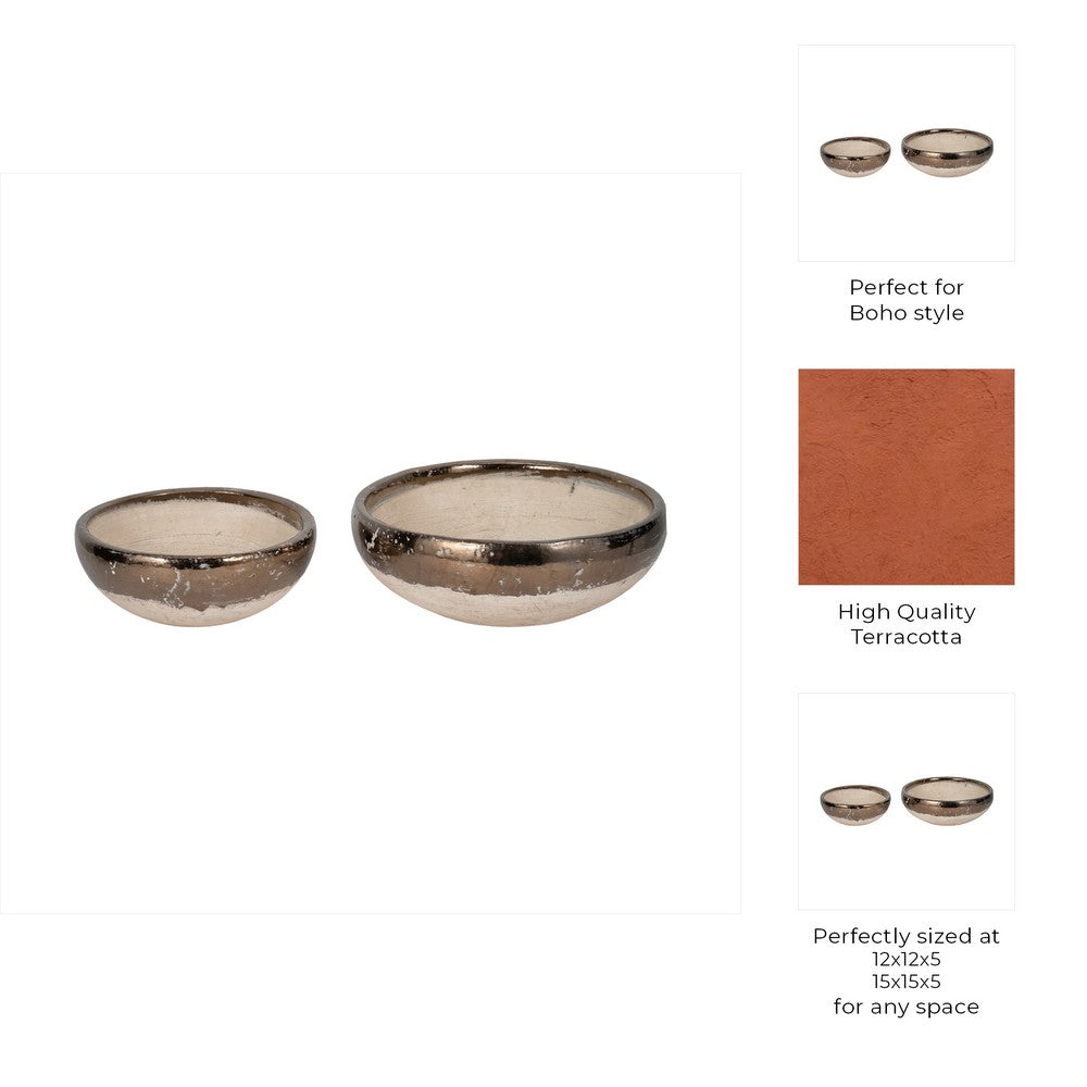 Decorative Accent Bowl Set of 2 | Mud Gray Finish w Gold Rim Accent