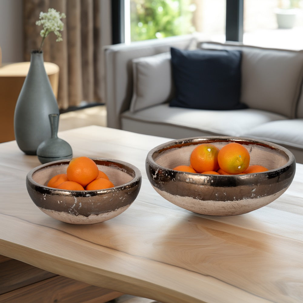 Decorative Accent Bowl Set of 2 | Mud Gray Finish w Gold Rim Accent