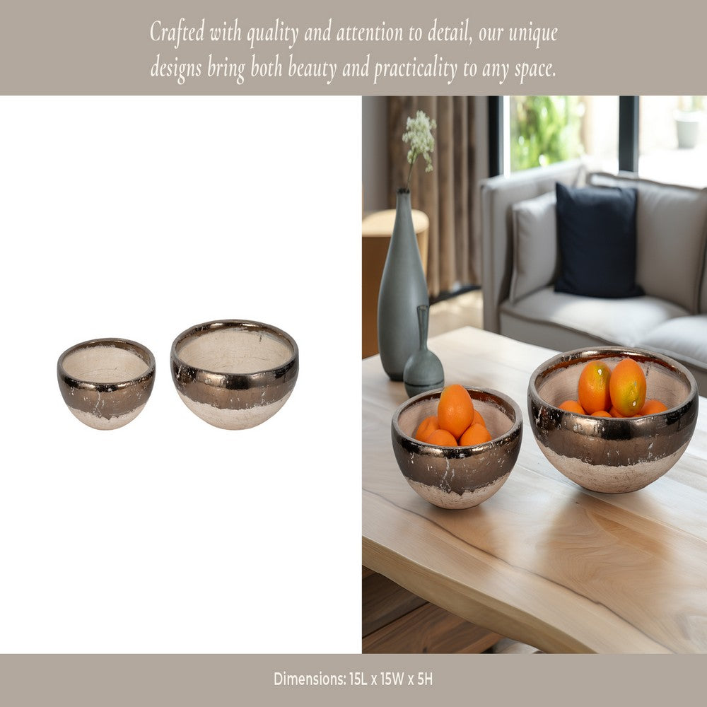 Decorative Accent Bowl Set of 2 | Mud Gray Finish w Gold Rim Accent