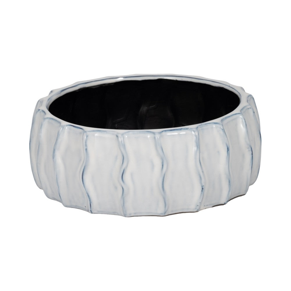 Decorative Bowl | White & Blue Wavy Sea Urchin Patterned Ceramic