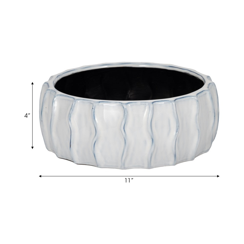 Decorative Bowl | White & Blue Wavy Sea Urchin Patterned Ceramic