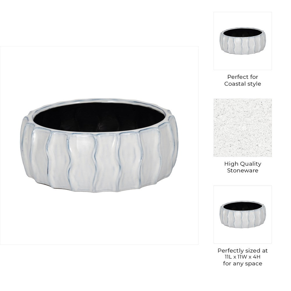 Decorative Bowl | White & Blue Wavy Sea Urchin Patterned Ceramic