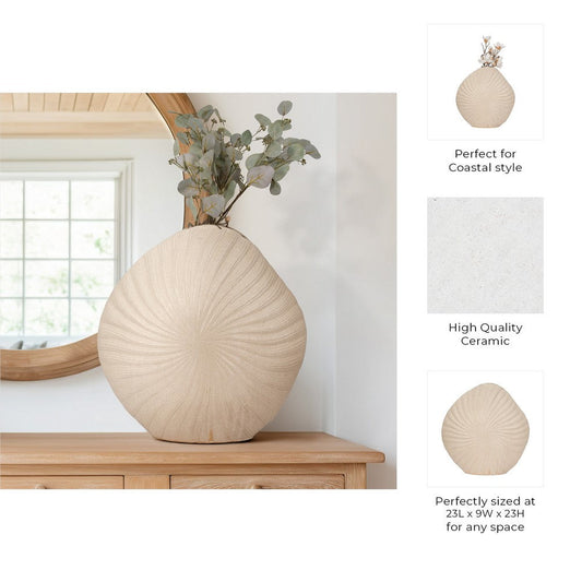 Coastal Shell Vase | White Sand Ceramic Decorative Accent | 23"