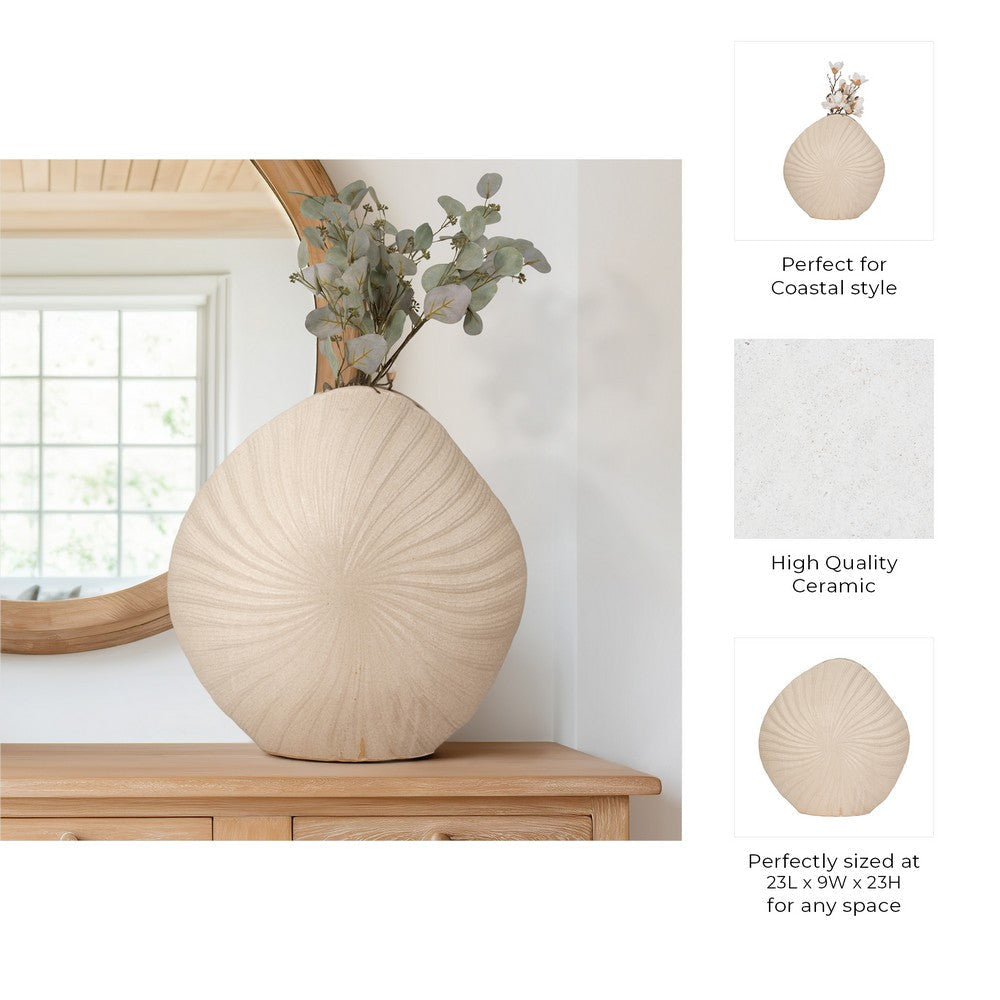 Coastal Shell Vase | White Sand Ceramic Decorative Accent | 23"