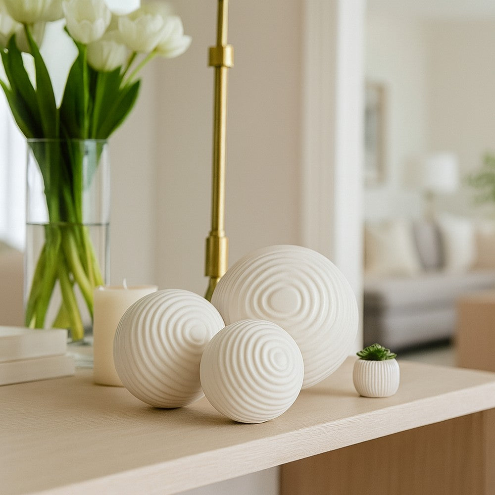 Spiral Decorative Orb Set of 3 | Varied Sizes | White Textured Ceramic