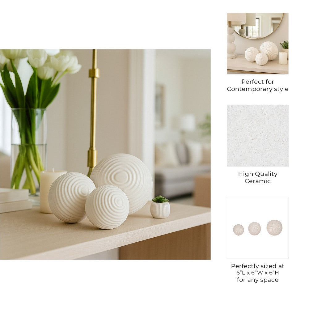 Spiral Decorative Orb Set of 3 | Varied Sizes | White Textured Ceramic