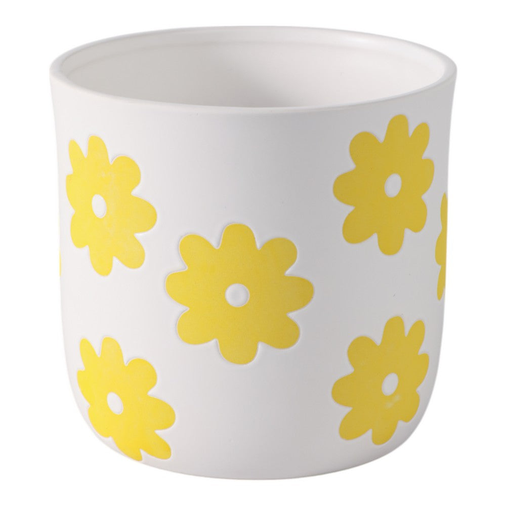 Decorative Planter | Yellow Daisy Flowers on Modern White Polyresin 6"