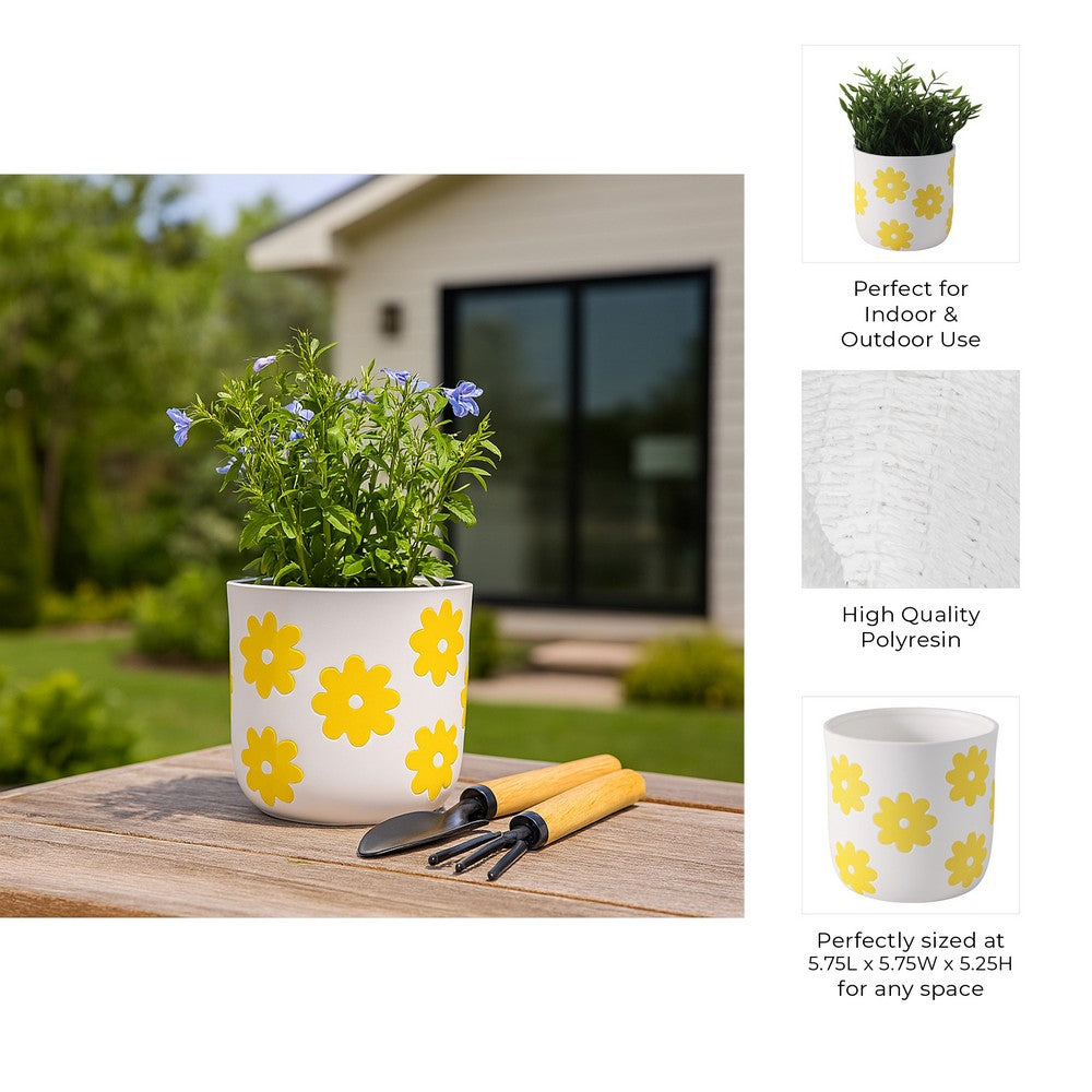 Decorative Planter | Yellow Daisy Flowers on Modern White Polyresin 6"
