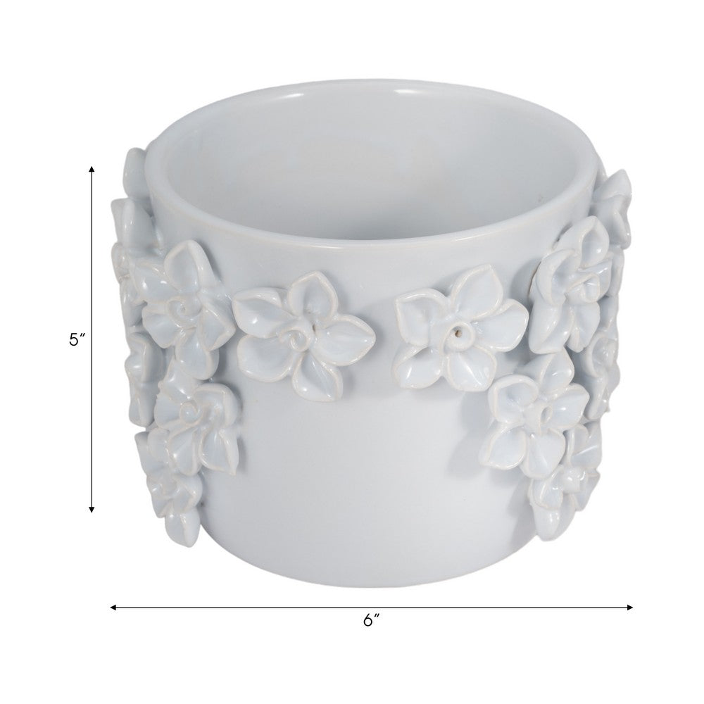 Nels Decorative Planter | Raised Flower Detailwork | White Ceramic 6"