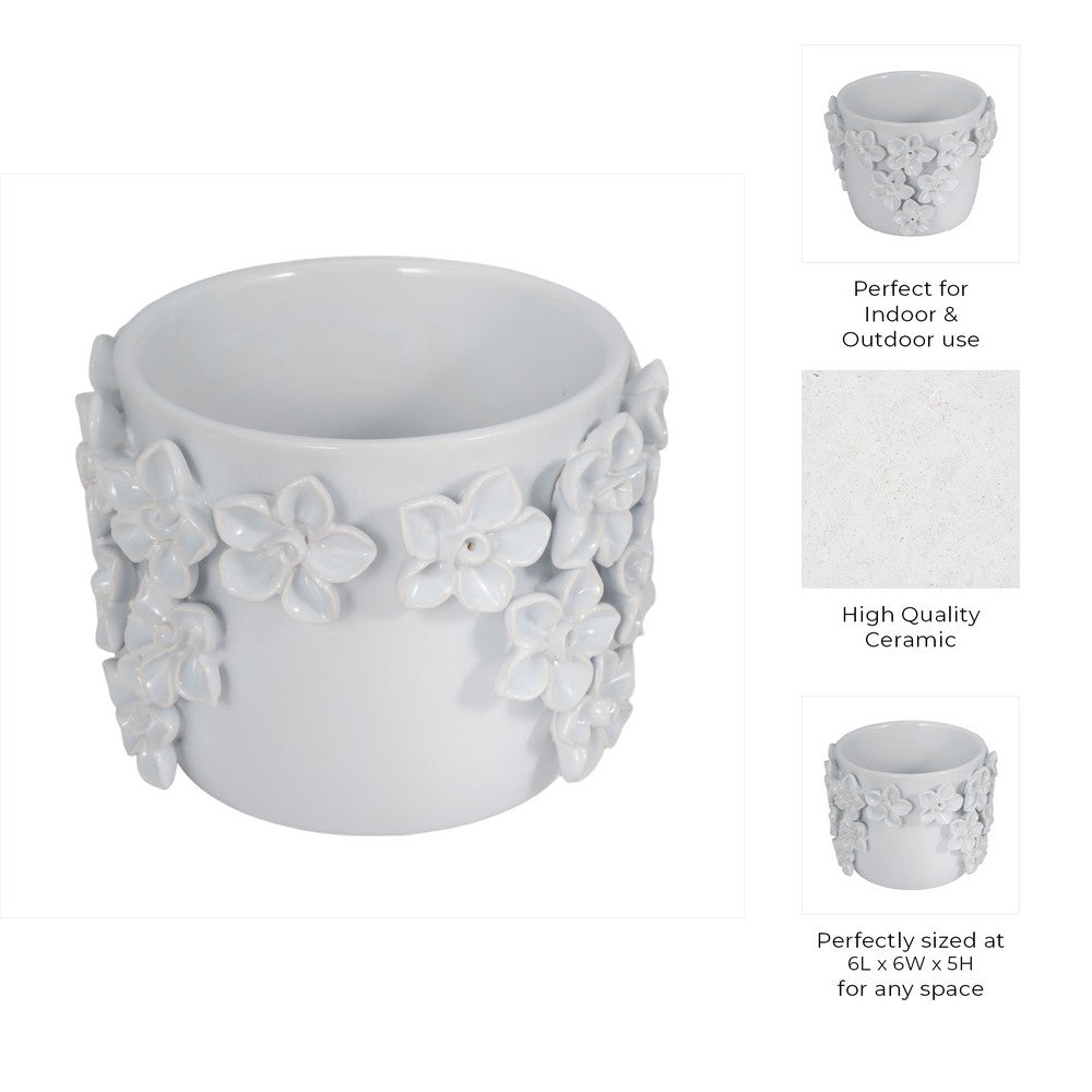 Nels Decorative Planter | Raised Flower Detailwork | White Ceramic 6"