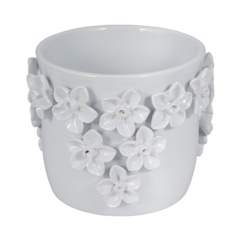 Outdoor Decorative Planter | Artful 3D Raised Floral Applique | 7" White