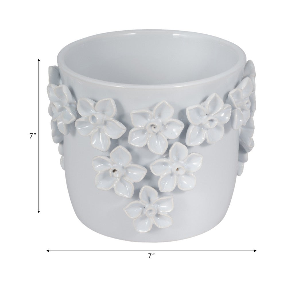 Outdoor Decorative Planter | Artful 3D Raised Floral Applique | 7" White