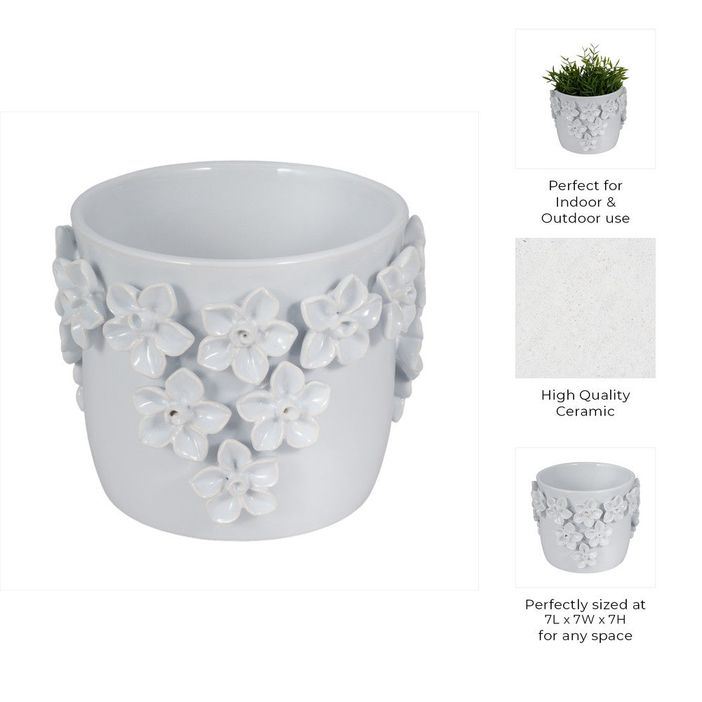 Outdoor Decorative Planter | Artful 3D Raised Floral Applique | 7" White