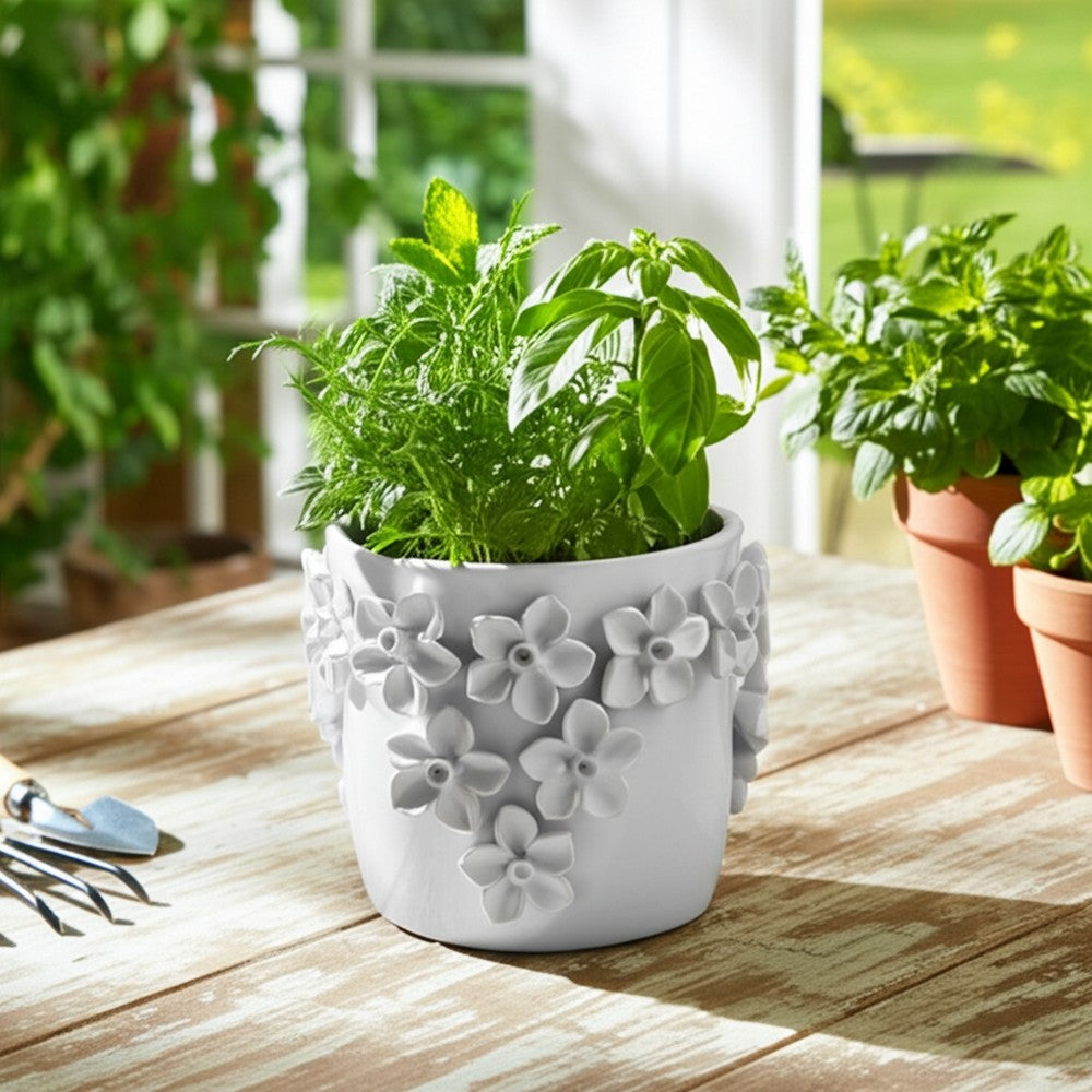 Outdoor Decorative Planter | Artful 3D Raised Floral Applique | 7" White