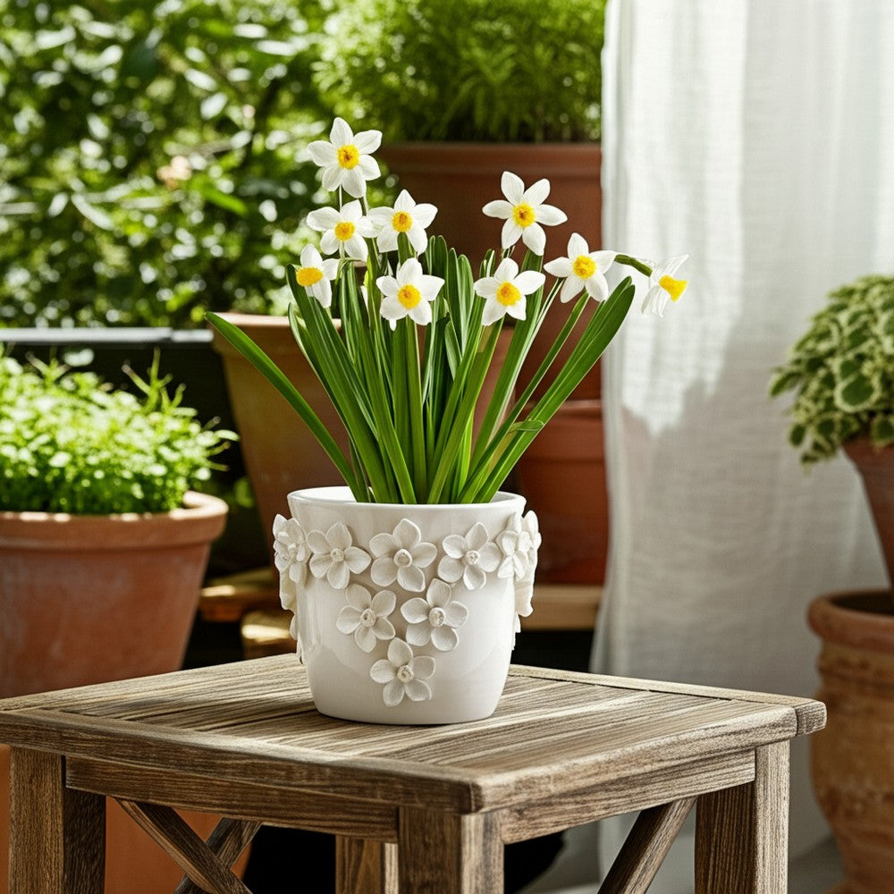 Reya Planter Pot w 3D Floral Applique | Handcrafted Ivory Ceramic | 7"