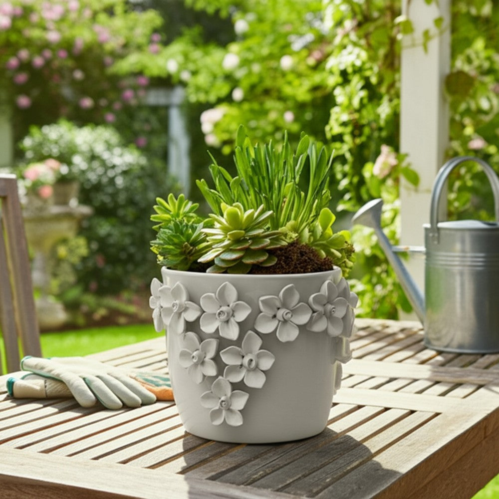 Reya Planter Pot w 3D Floral Applique | Handcrafted Ivory Ceramic | 7"