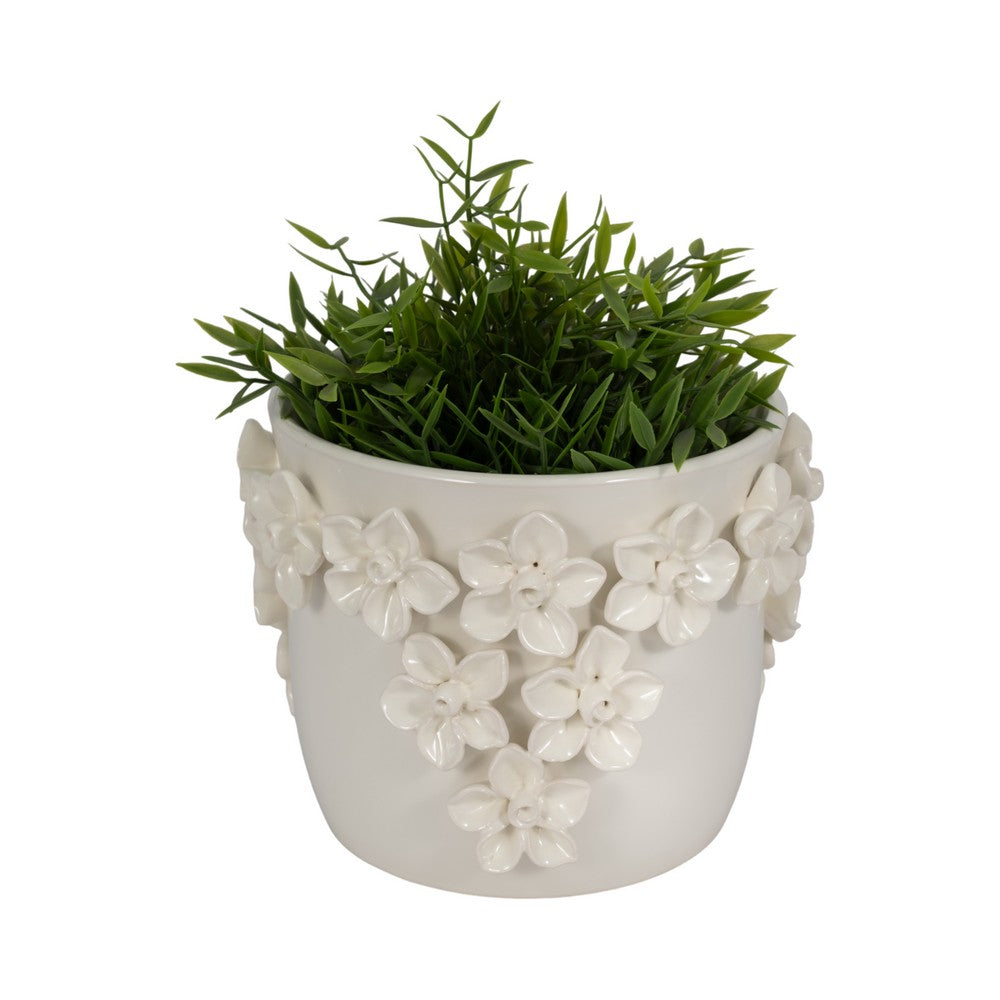 Reya Planter Pot w 3D Floral Applique | Handcrafted Ivory Ceramic | 7"