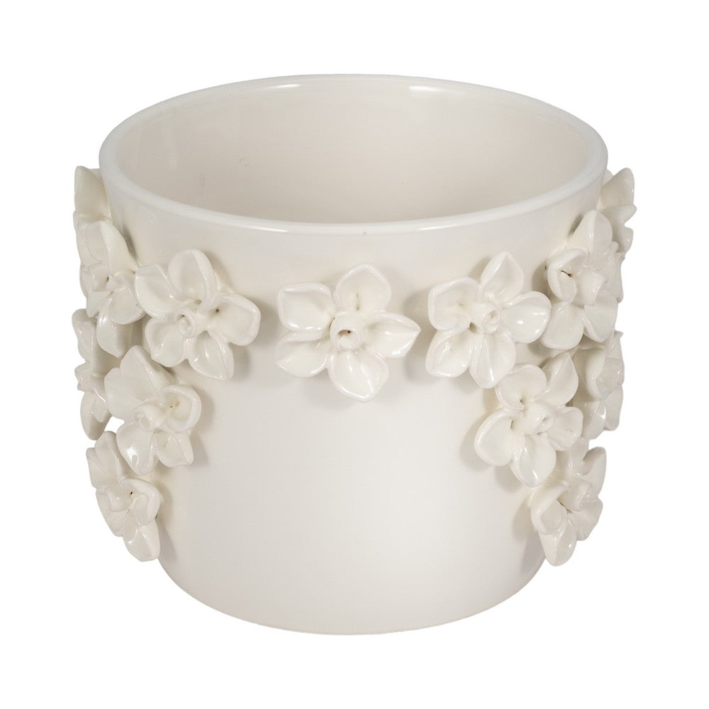 Reya Planter Pot w 3D Floral Applique | Handcrafted Ivory Ceramic | 7"