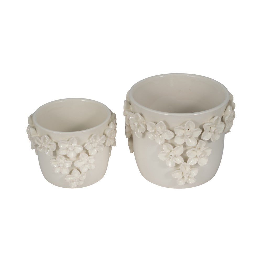 Reya Planter Pot w 3D Floral Applique | Handcrafted Ivory Ceramic | 7"