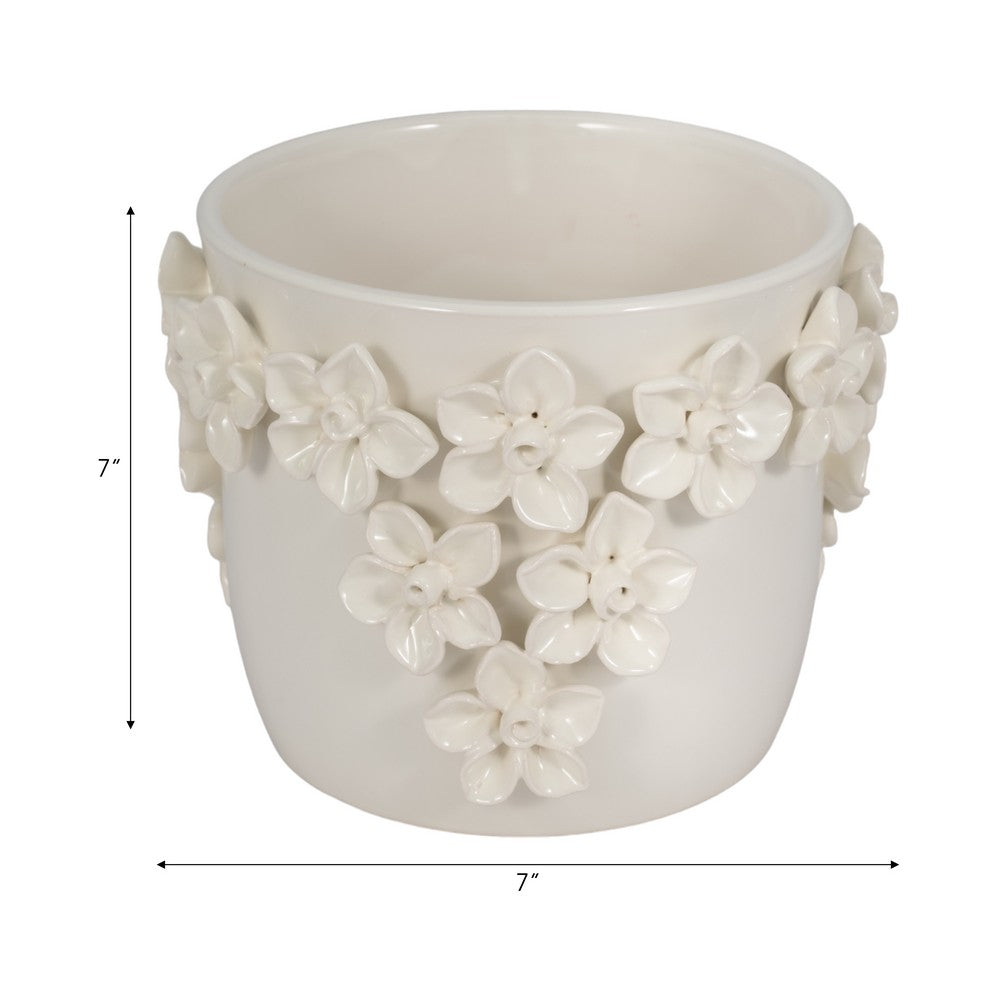 Reya Planter Pot w 3D Floral Applique | Handcrafted Ivory Ceramic | 7"