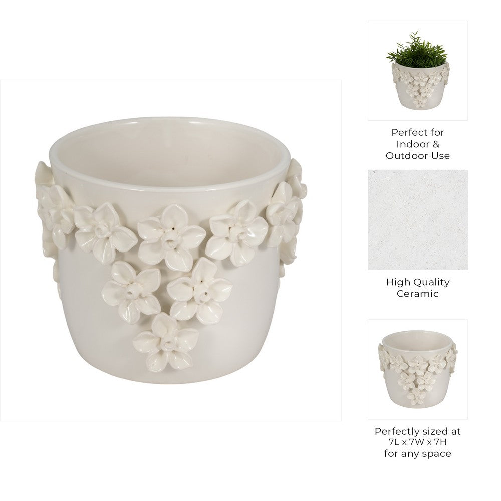 Reya Planter Pot w 3D Floral Applique | Handcrafted Ivory Ceramic | 7"