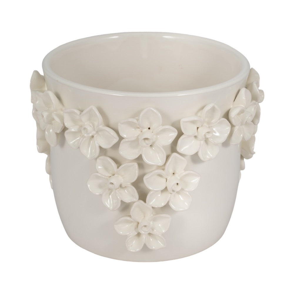 Reya Planter Pot w 3D Floral Applique | Handcrafted Ivory Ceramic | 7"