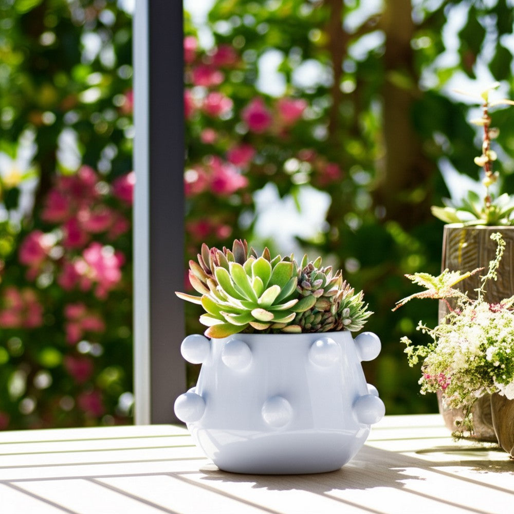 Outdoor Decorative Planter | 3D Raised Bubble Design | 8" White Ceramic