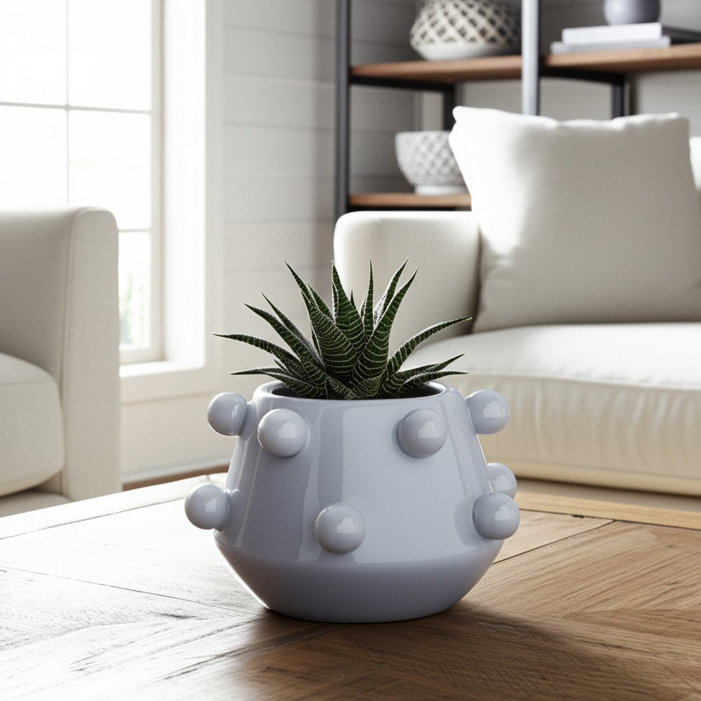 Outdoor Decorative Planter | 3D Raised Bubble Design | 8" White Ceramic