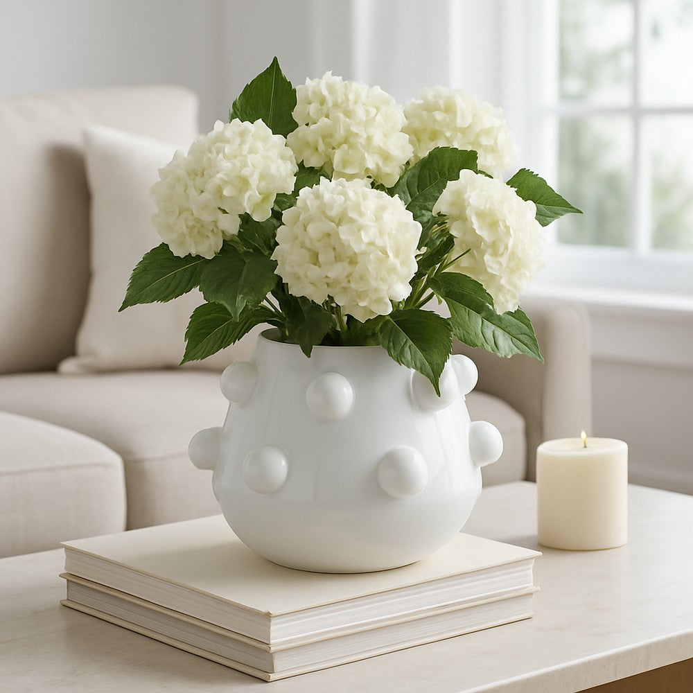 Outdoor Decorative Planter | 3D Raised Bubble Design | 8" White Ceramic