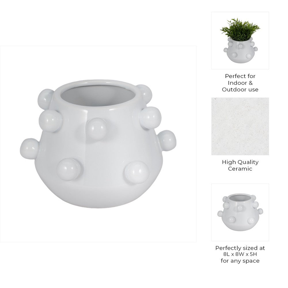 Outdoor Decorative Planter | 3D Raised Bubble Design | 8" White Ceramic