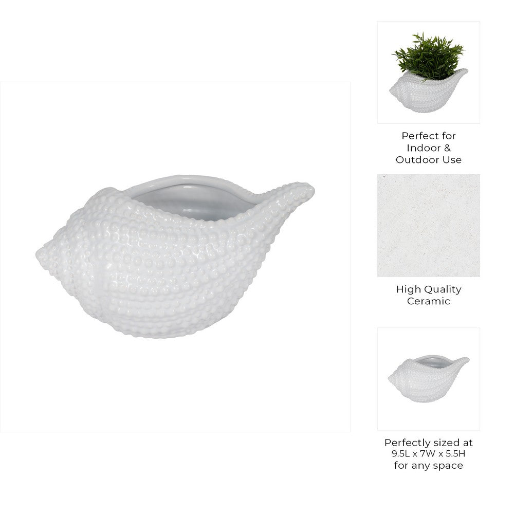 Decorative Coastal Seashell Accent Planter | 10" Gloss White Ceramic