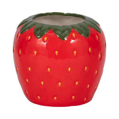 Strawberry Planter | 3D Design with Calyx Rim | Red Glossy Ceramic 7"