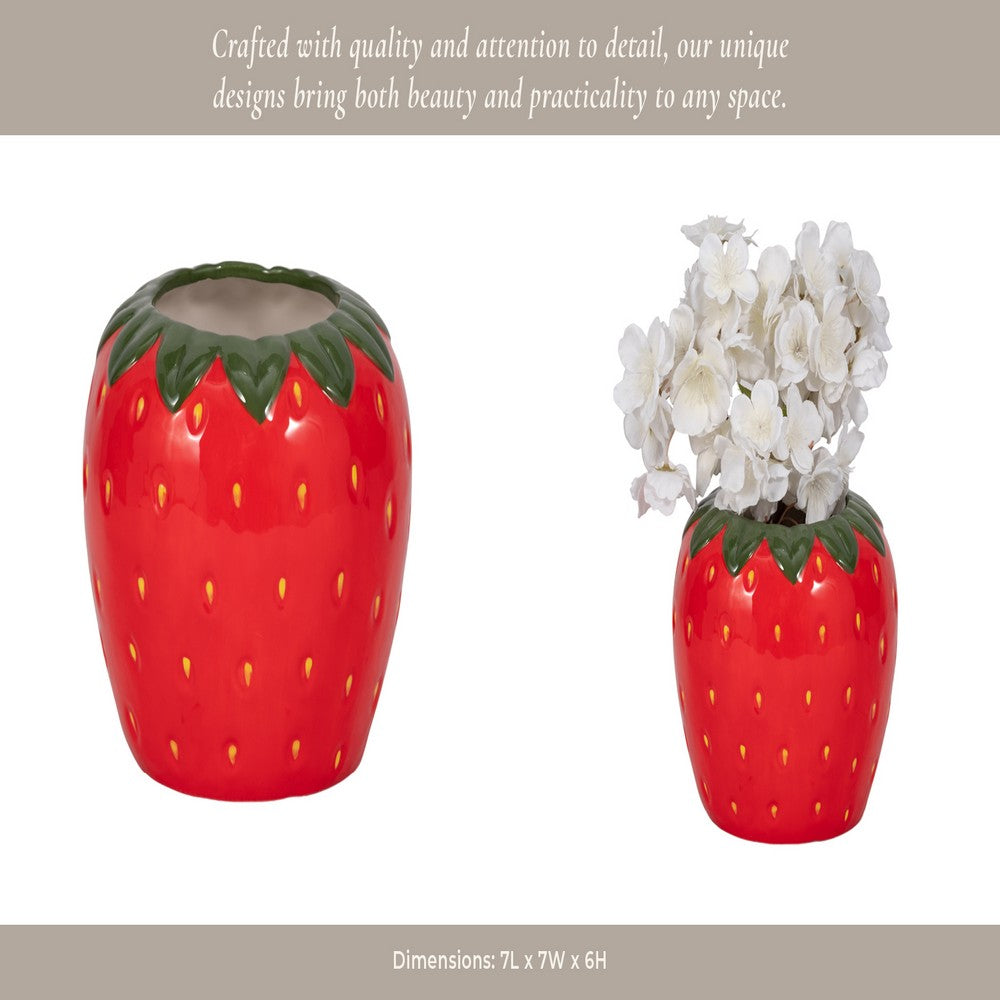 Strawberry Planter | 3D Design with Calyx Rim | Red Glossy Ceramic 7"