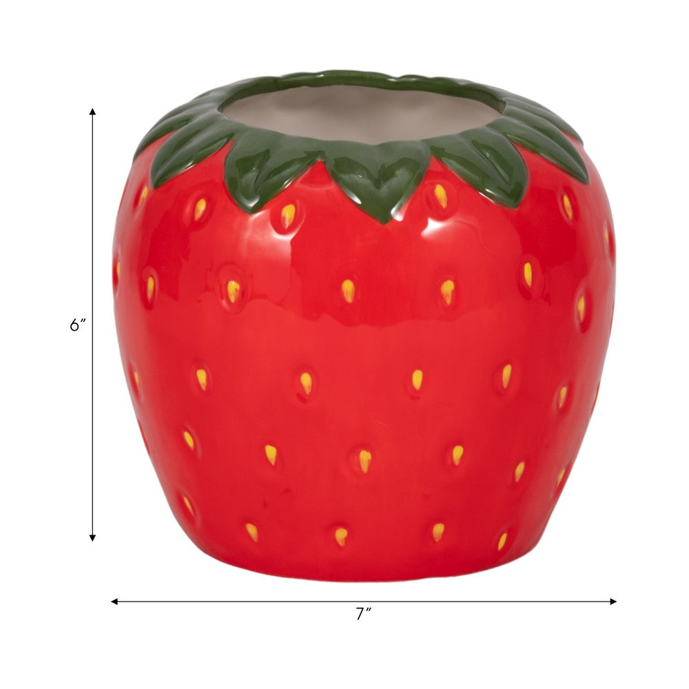 Strawberry Planter | 3D Design with Calyx Rim | Red Glossy Ceramic 7"