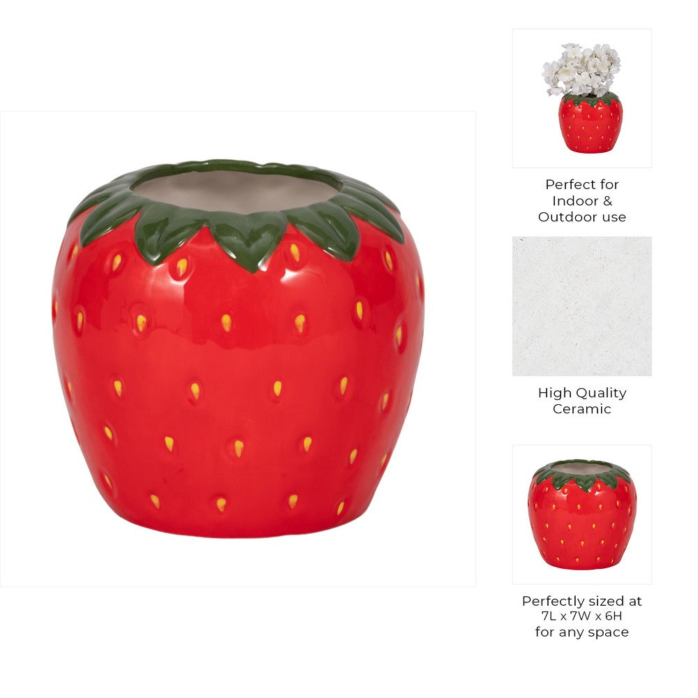 Strawberry Planter | 3D Design with Calyx Rim | Red Glossy Ceramic 7"