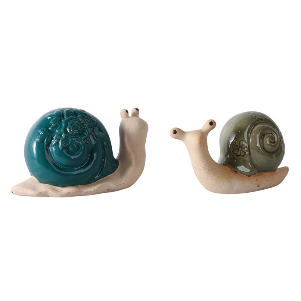 Snail Figurine Set of 2 | Flower Shells in Blue & Green | Ivory Porcelain