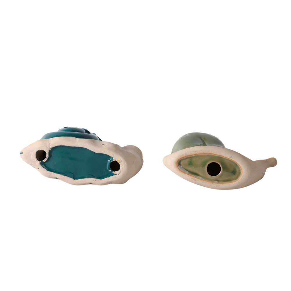 Snail Figurine Set of 2 | Flower Shells in Blue & Green | Ivory Porcelain