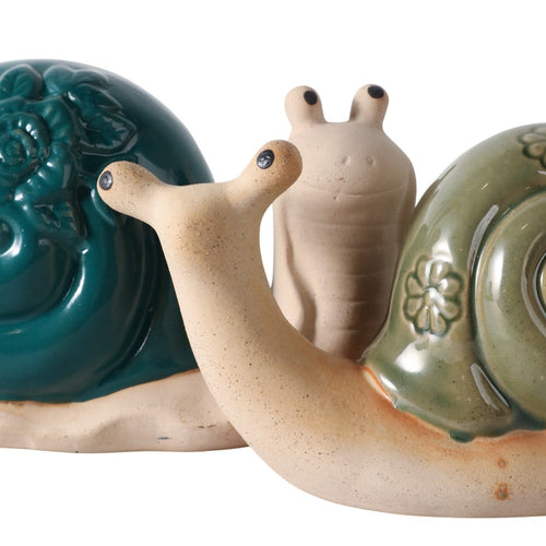 Snail Figurine Set of 2 | Flower Shells in Blue & Green | Ivory Porcelain