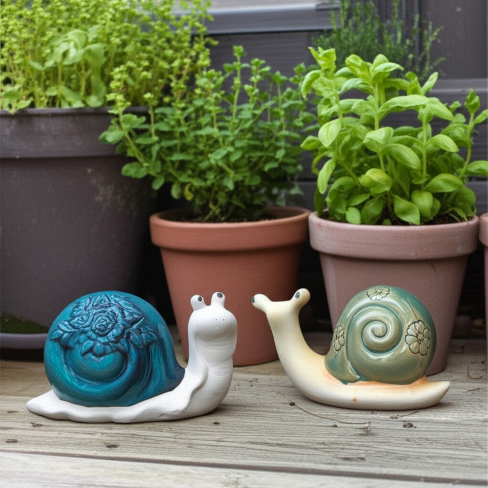 Snail Figurine Set of 2 | Flower Shells in Blue & Green | Ivory Porcelain