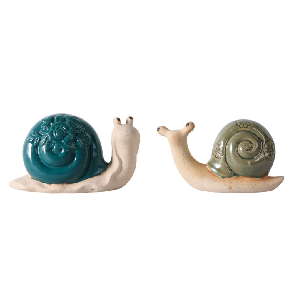 Snail Figurine Set of 2 | Flower Shells in Blue & Green | Ivory Porcelain