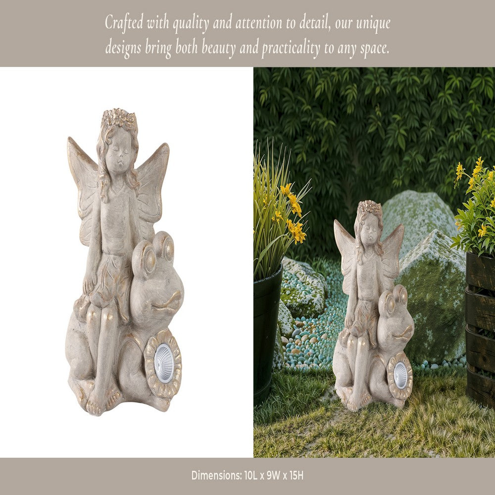 Cosm Garden Statue Fairy Seated on Solar Frog | Ivory Polyresin 15"