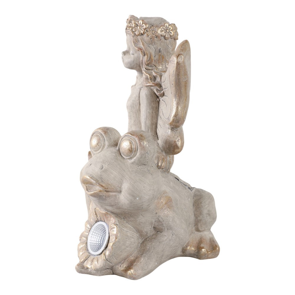 Cosm Garden Statue Fairy Seated on Solar Frog | Ivory Polyresin 15"