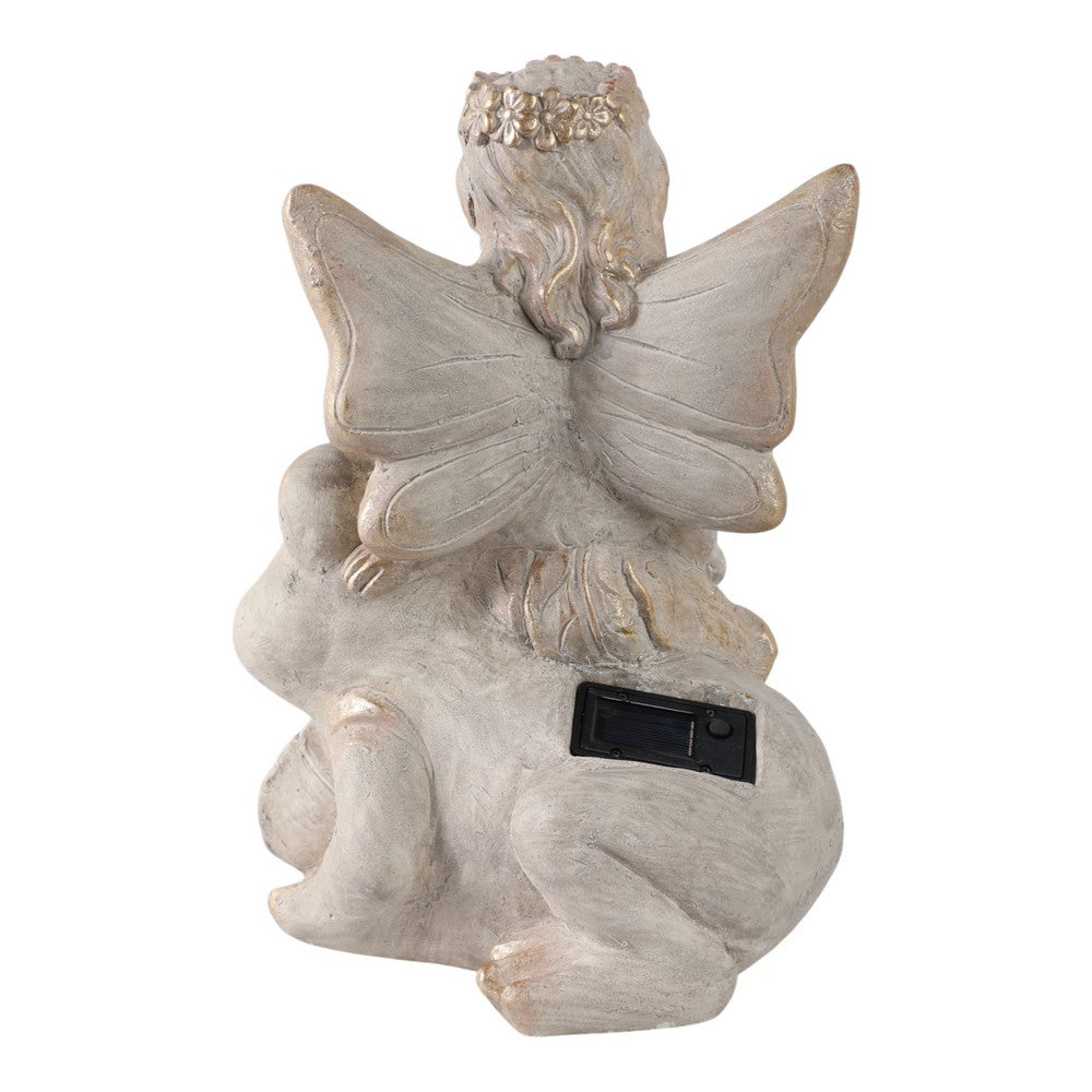 Cosm Garden Statue Fairy Seated on Solar Frog | Ivory Polyresin 15"