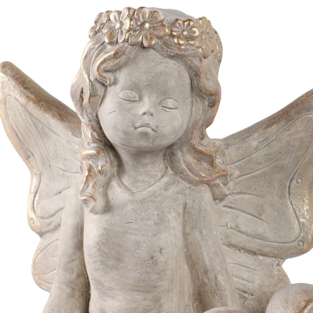 Cosm Garden Statue Fairy Seated on Solar Frog | Ivory Polyresin 15"