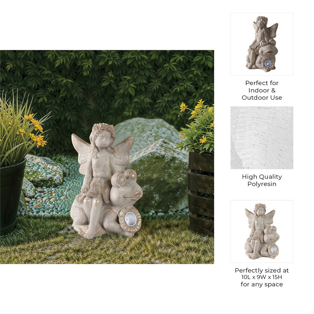 Cosm Garden Statue Fairy Seated on Solar Frog | Ivory Polyresin 15"