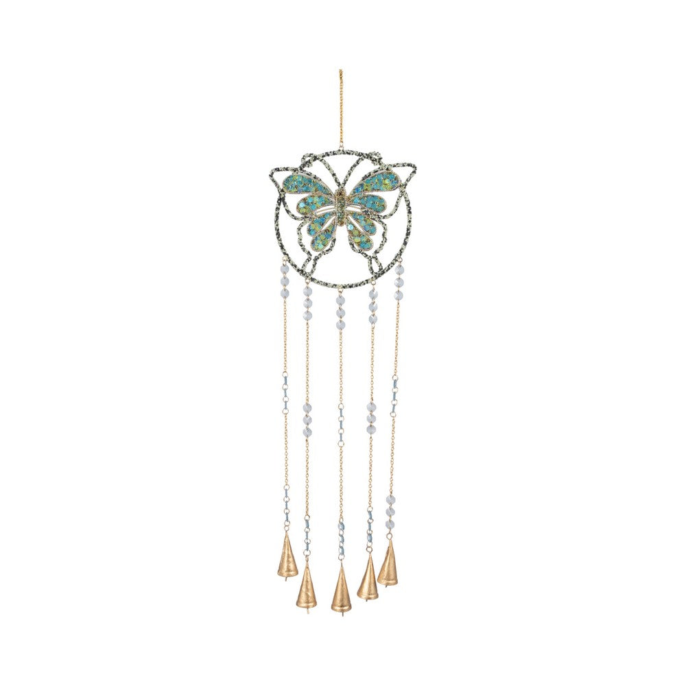 Wind Chime | Mosaic Butterfly with Gold Bells & Glass Beads | Blue Iron