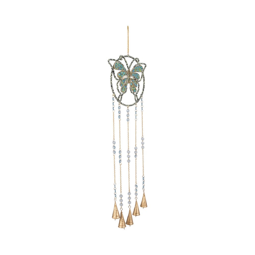 Wind Chime | Mosaic Butterfly with Gold Bells & Glass Beads | Blue Iron