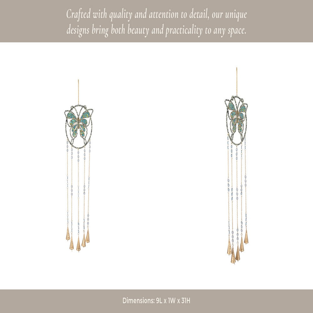 Wind Chime | Mosaic Butterfly with Gold Bells & Glass Beads | Blue Iron