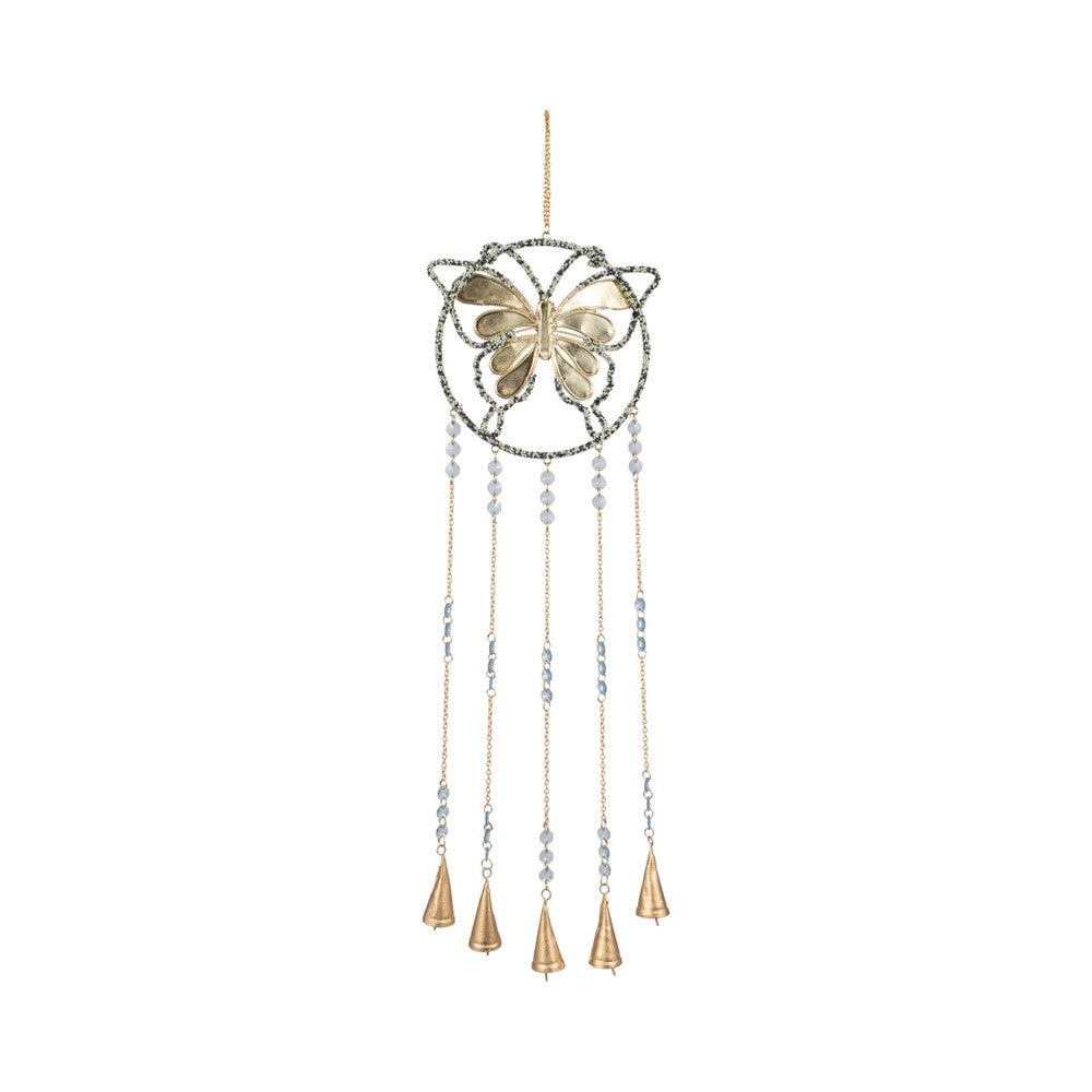 Wind Chime | Mosaic Butterfly with Gold Bells & Glass Beads | Blue Iron