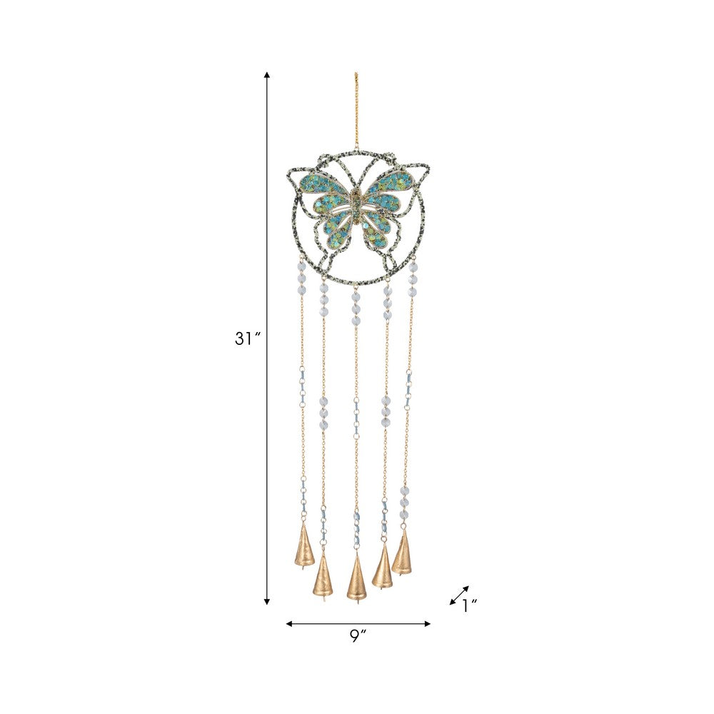 Wind Chime | Mosaic Butterfly with Gold Bells & Glass Beads | Blue Iron